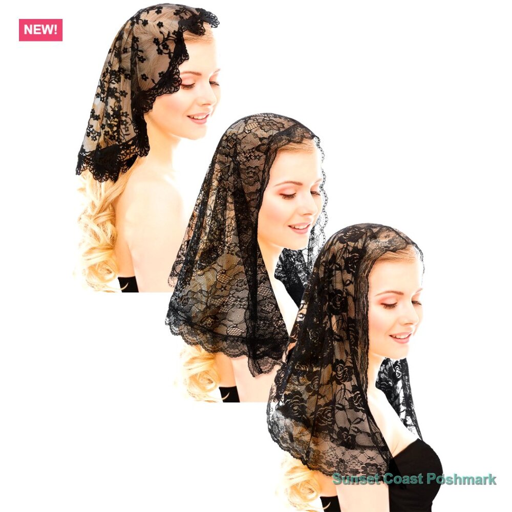 Black Lace Mantilla Veil Set of 3 Church Chapel Catholic Head Covering New